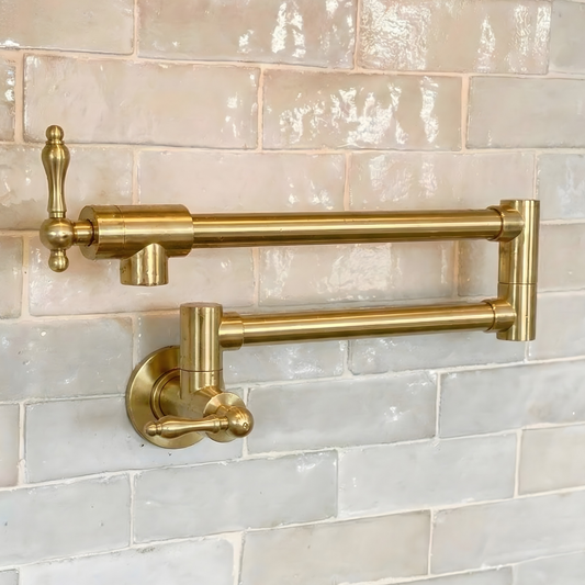 Unlacquered Brass Pot Filler with Lever Handles, Wall Mount Double Joint Swing Arms Brass Pasta Faucet