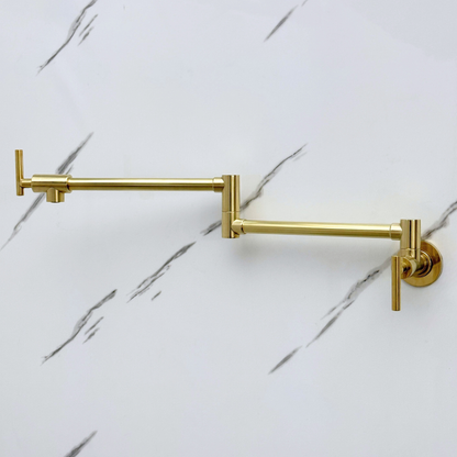 Unlacquered Brass Pot Filler with Lever Handles, Wall Mount Double Joint Swing Arms Brass Pasta Faucet