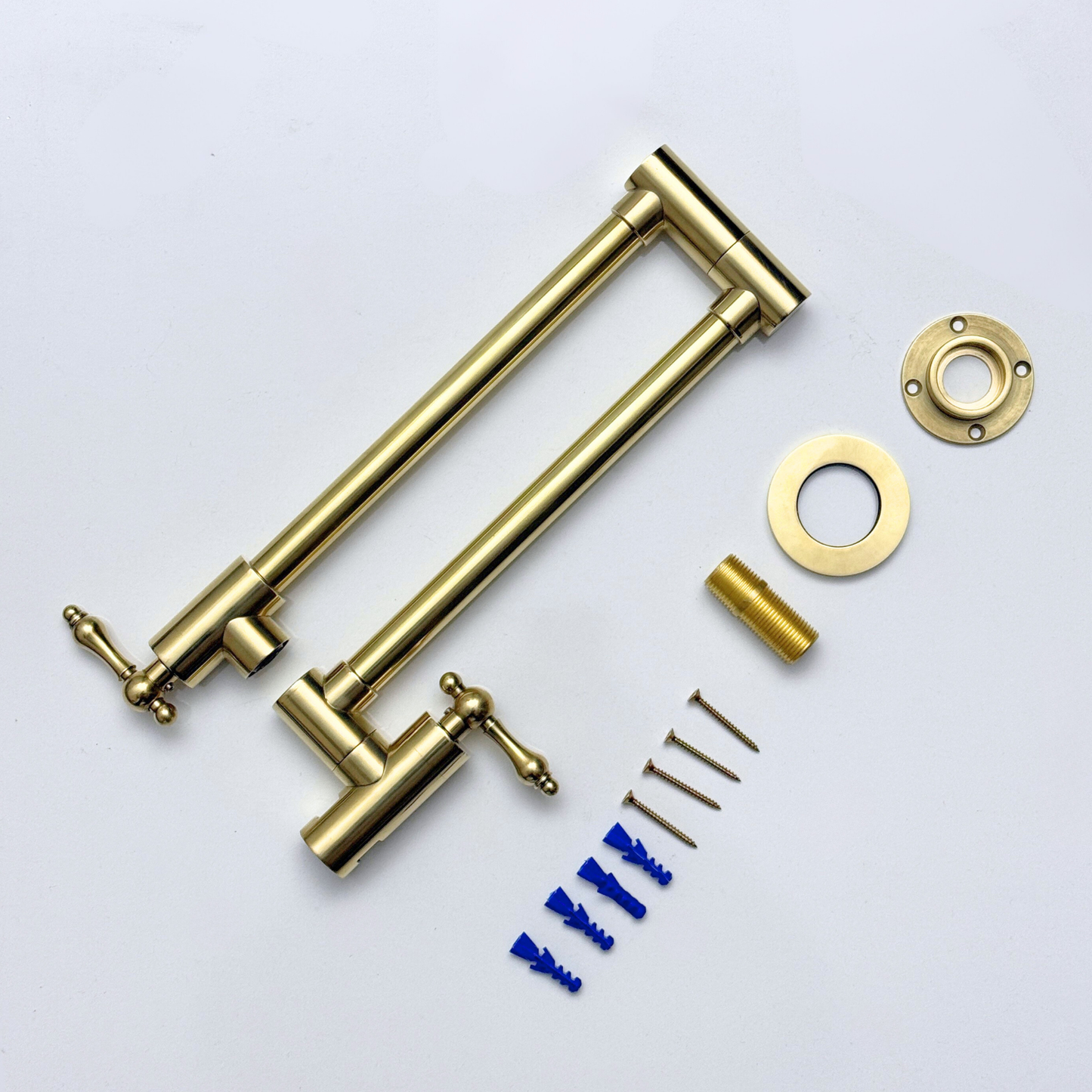 Unlacquered Brass Pot Filler with Lever Handles, Wall Mount Double Joint Swing Arms Brass Pasta Faucet