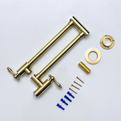 Unlacquered Brass Pot Filler with Lever Handles, Wall Mount Double Joint Swing Arms Brass Pasta Faucet