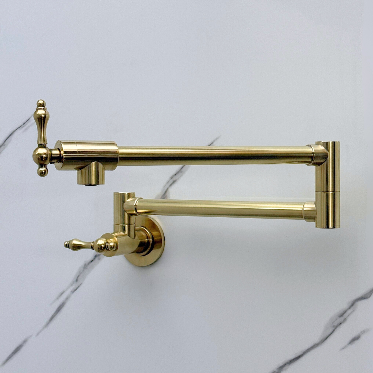 Unlacquered Brass Pot Filler with Lever Handles, Wall Mount Double Joint Swing Arms Brass Pasta Faucet