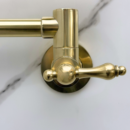 Unlacquered Brass Pot Filler with Lever Handles, Wall Mount Double Joint Swing Arms Brass Pasta Faucet