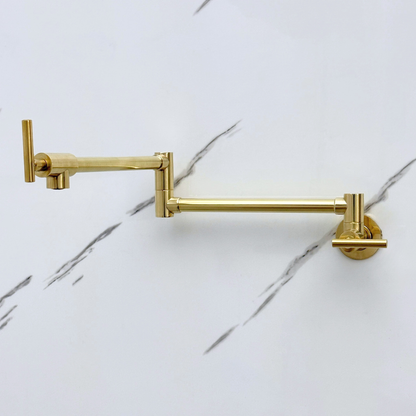 Unlacquered Brass Pot Filler with Lever Handles, Wall Mount Double Joint Swing Arms Brass Pasta Faucet