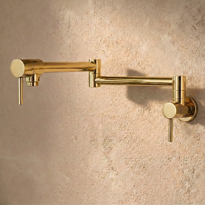 Unlacquered Brass Pot Filler with Lever Handles, Wall Mount Double Joint Swing Arms Solid Brass Pasta Faucet