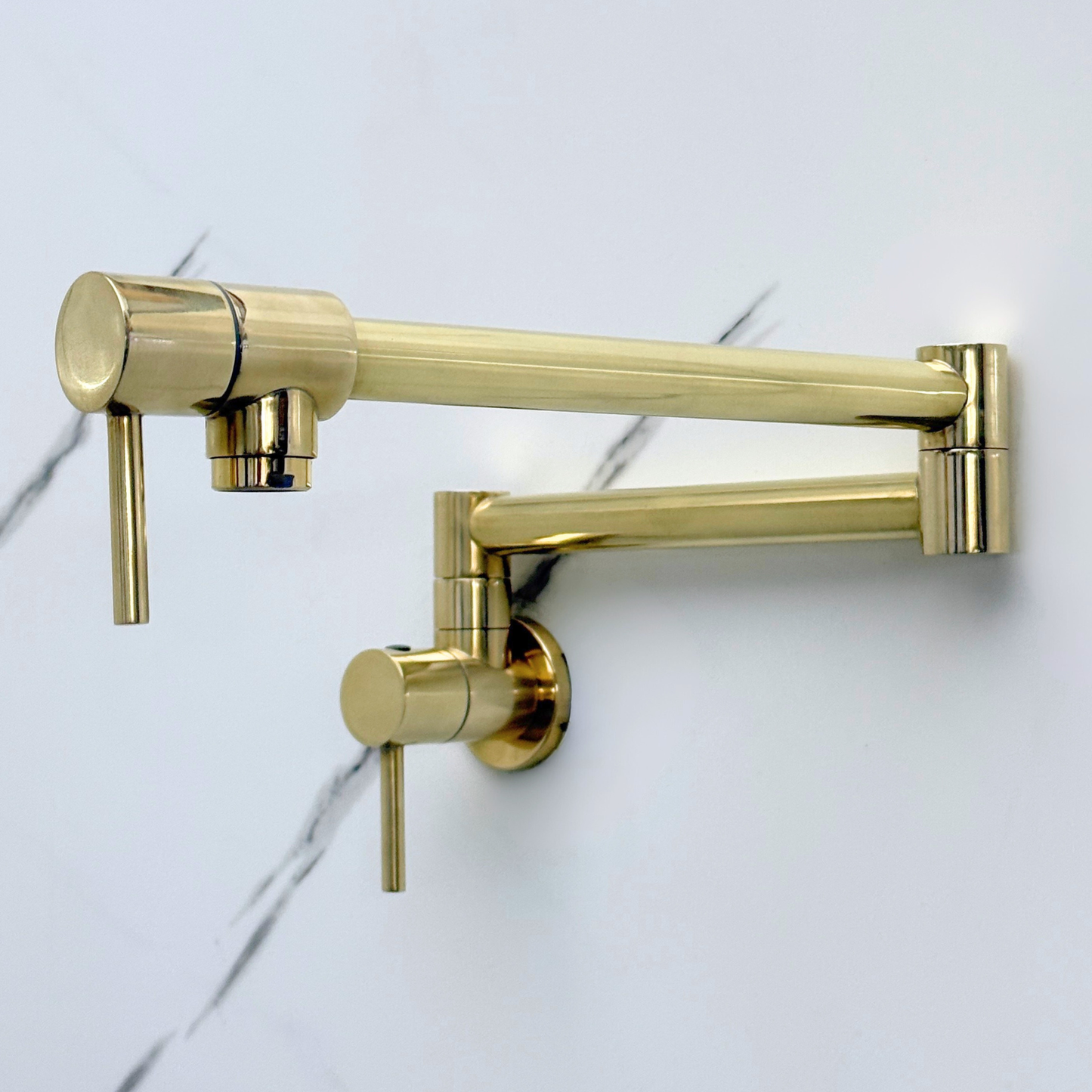 Unlacquered Brass Pot Filler with Lever Handles, Wall Mount Double Joint Swing Arms Solid Brass Pasta Faucet