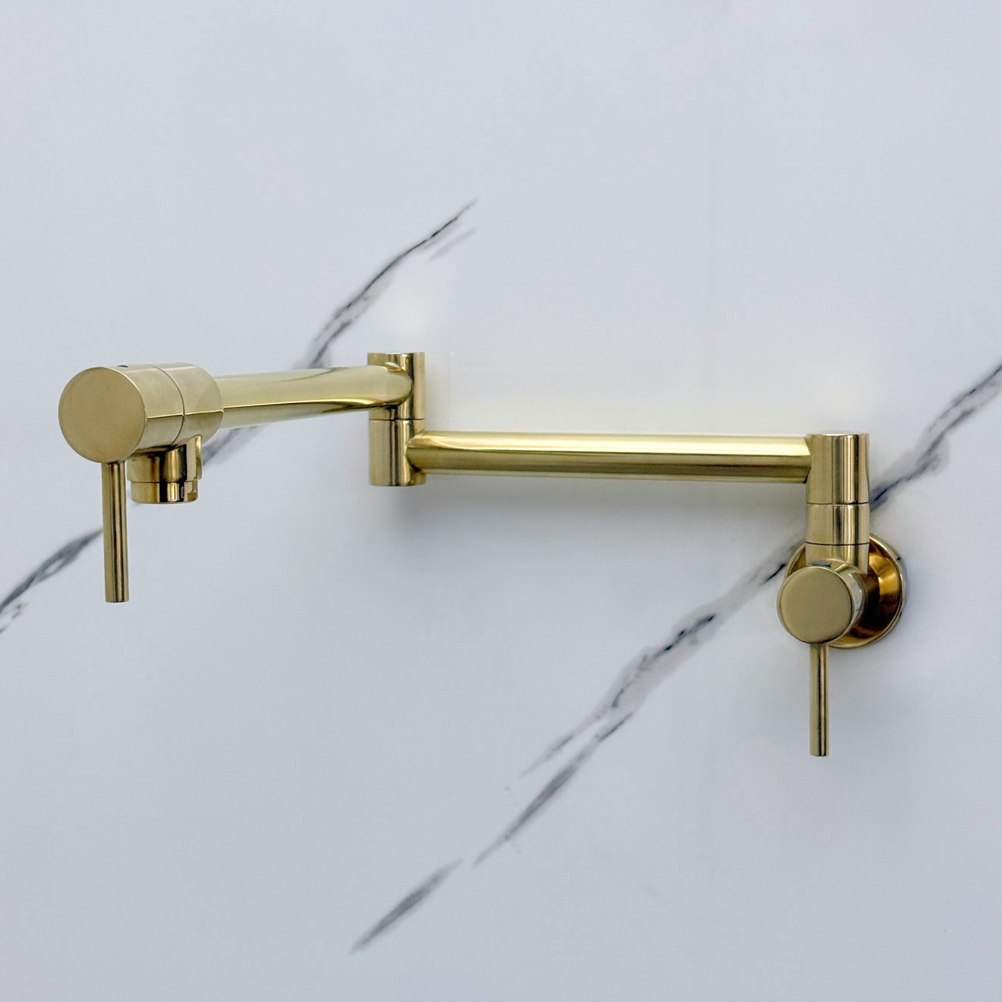 Unlacquered Brass Pot Filler with Lever Handles, Wall Mount Double Joint Swing Arms Solid Brass Pasta Faucet