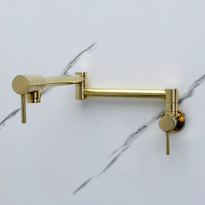 Unlacquered Brass Pot Filler with Lever Handles, Wall Mount Double Joint Swing Arms Solid Brass Pasta Faucet
