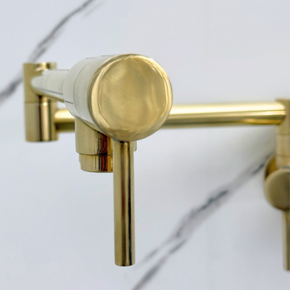 Unlacquered Brass Pot Filler with Lever Handles, Wall Mount Double Joint Swing Arms Solid Brass Pasta Faucet