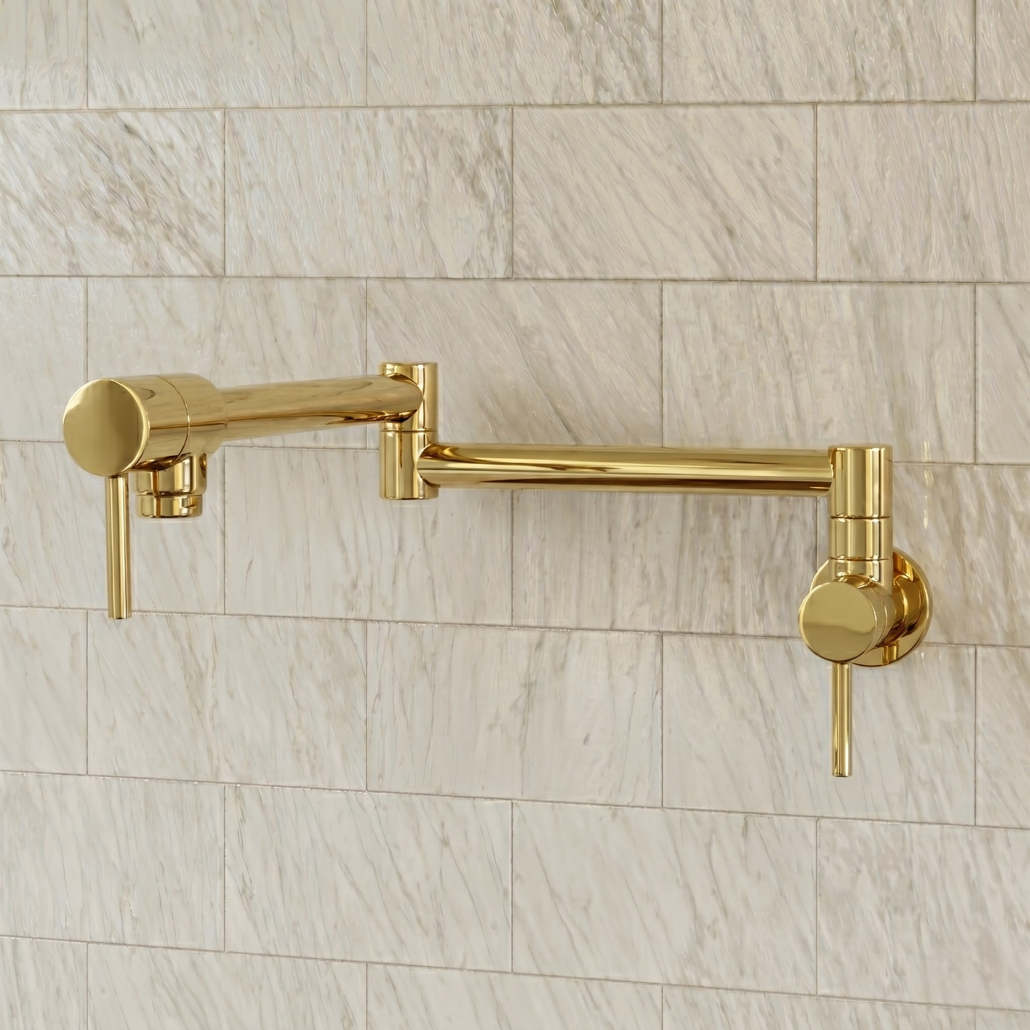 Unlacquered Brass Pot Filler with Lever Handles, Wall Mount Double Joint Swing Arms Solid Brass Pasta Faucet