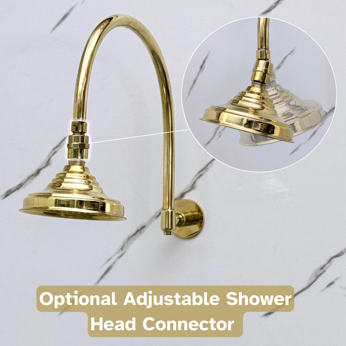 Unlacquered Brass Round Rain Shower Head with Arcuate Arm, Adjustable Brass Shower Head
