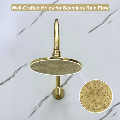 Unlacquered Brass Flat Rain Shower Head with Arcuate Arm, Adjustable Brass Shower Head