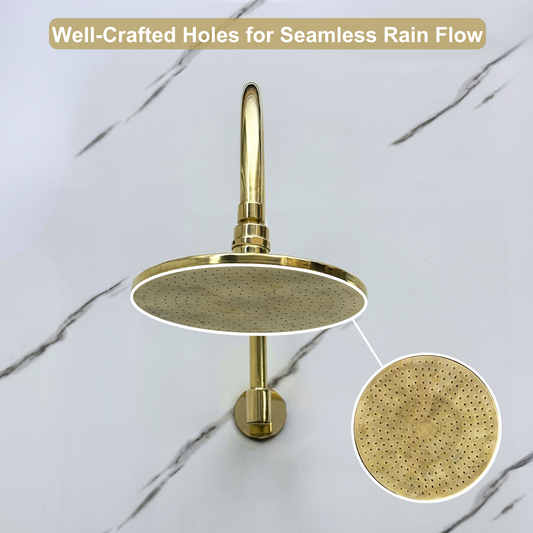 Unlacquered Brass Flat Rain Shower Head with Arcuate Arm, Adjustable Brass Shower Head