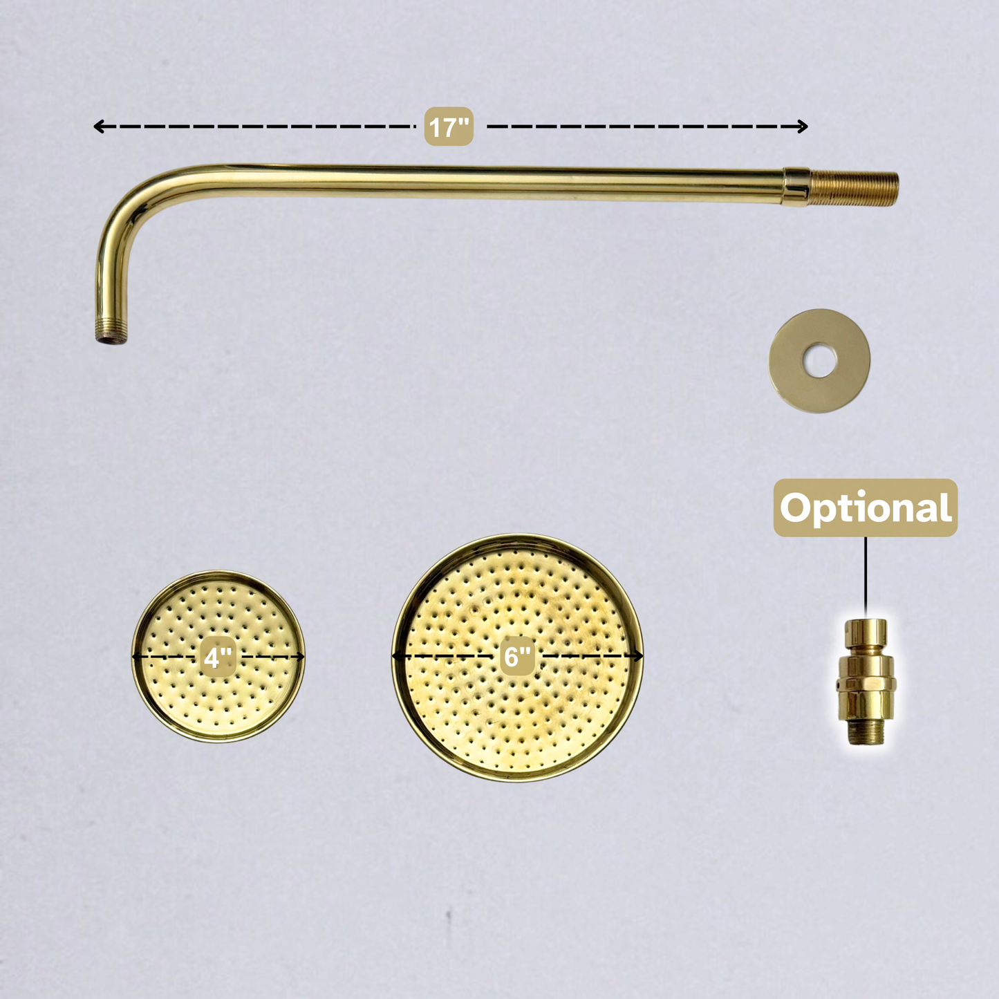Unlacquered Brass Round Rain Shower Head with Straight Arm, Adjustable Brass Shower Head