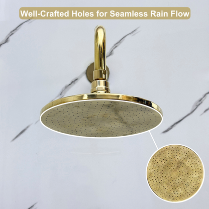 Unlacquered Brass Flat Rain Shower Head with Straight Arm, Adjustable Brass Shower Head