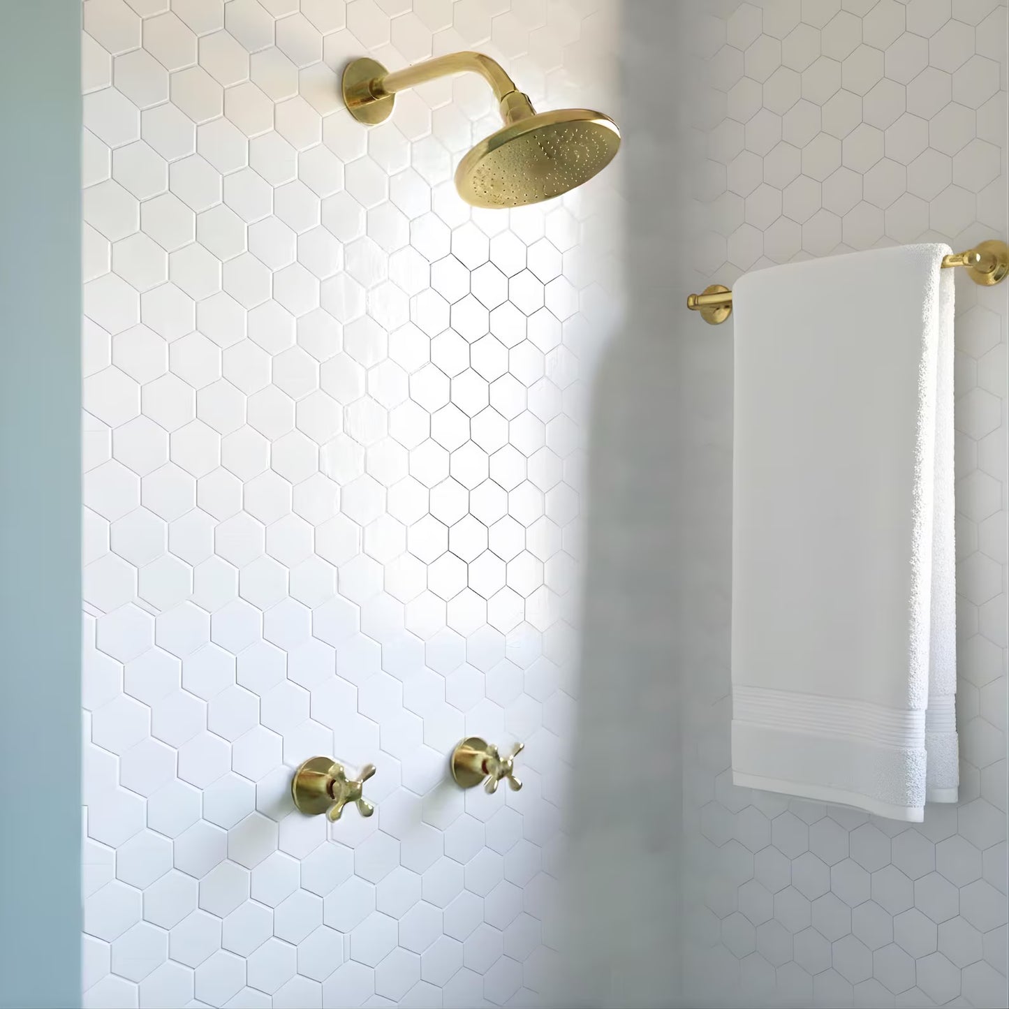 Unlacquered Brass Shower System with Flat Round Rain Adjustable Shower Head, Short Arm and Cross Handles