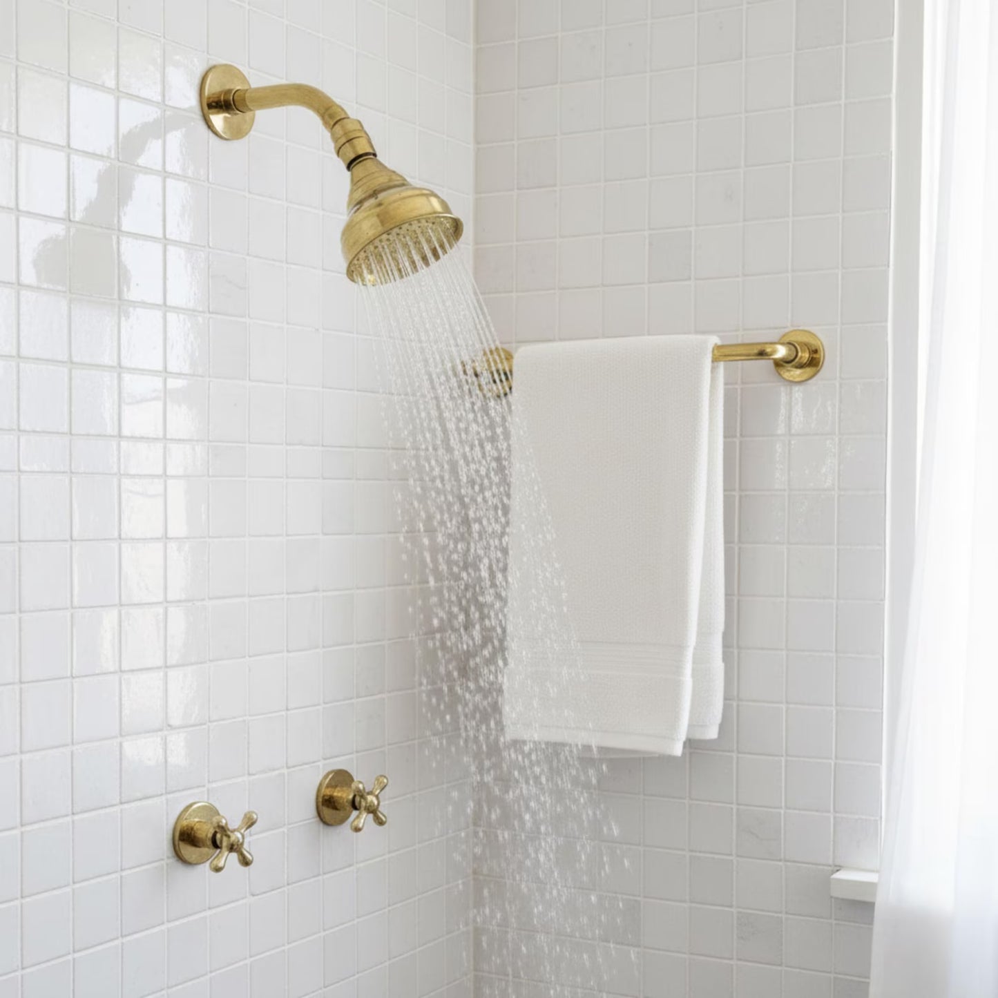 Unlacquered Brass Shower System with Adjustable Round Rain Shower Head, Short Arm and Cross Handles