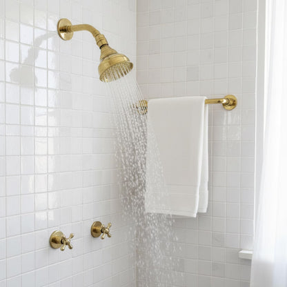 Unlacquered Brass Shower System with Adjustable Round Rain Shower Head, Short Arm and Cross Handles