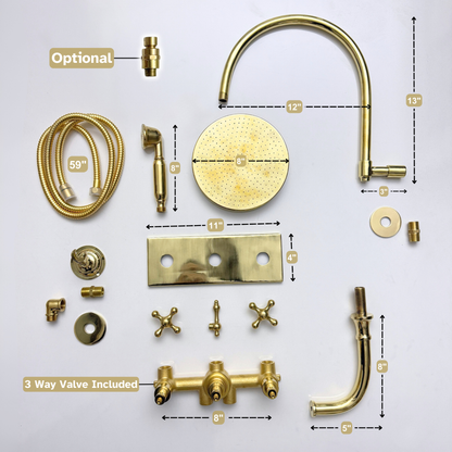 Unlacquered Brass Shower System with Adjustable Flat Round Rain Shower Head, Handheld Shower Head ,Central Brass Plaque, Tub Filler and Cross Handles