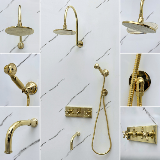 Unlacquered Brass Shower System with Adjustable Flat Round Rain Shower Head, Handheld Shower Head ,Central Brass Plaque, Tub Filler and Cross Handles