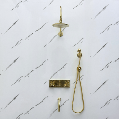 Unlacquered Brass Shower System with Adjustable Flat Round Rain Shower Head, Handheld Shower Head ,Central Brass Plaque, Tub Filler and Cross Handles