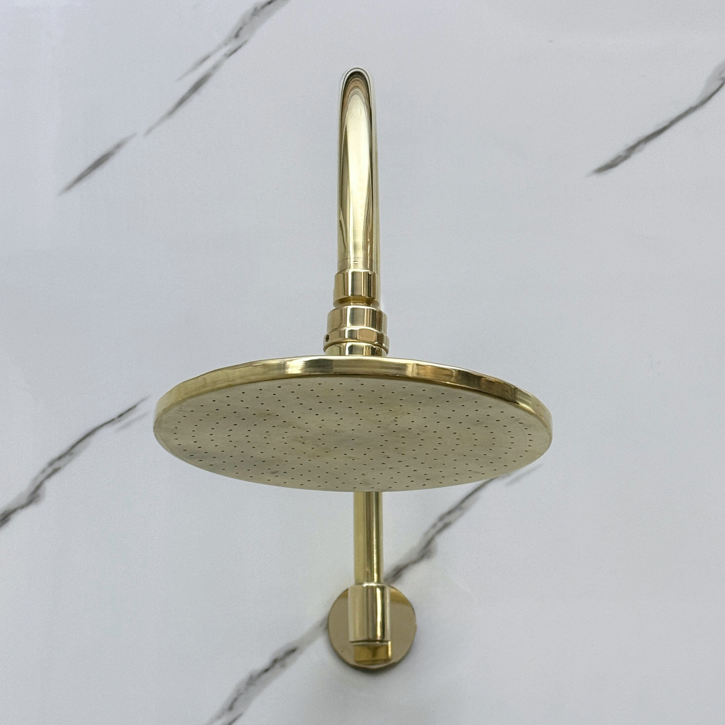 Unlacquered Brass Shower System with Adjustable Flat Round Rain Shower Head, Handheld Shower Head ,Central Brass Plaque, Tub Filler and Cross Handles