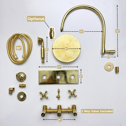 Unlacquered Brass Shower System with Adjustable Flat Round Rain Shower Head, Handheld Shower Head, Central Brass Plaque and Cross Handles
