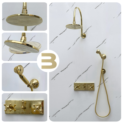 Unlacquered Brass Shower System with Adjustable Flat Round Rain Shower Head, Handheld Shower Head, Central Brass Plaque and Cross Handles