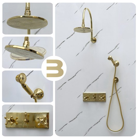 Unlacquered Brass Shower System with Adjustable Flat Round Rain Shower Head, Handheld Shower Head, Central Brass Plaque and Cross Handles