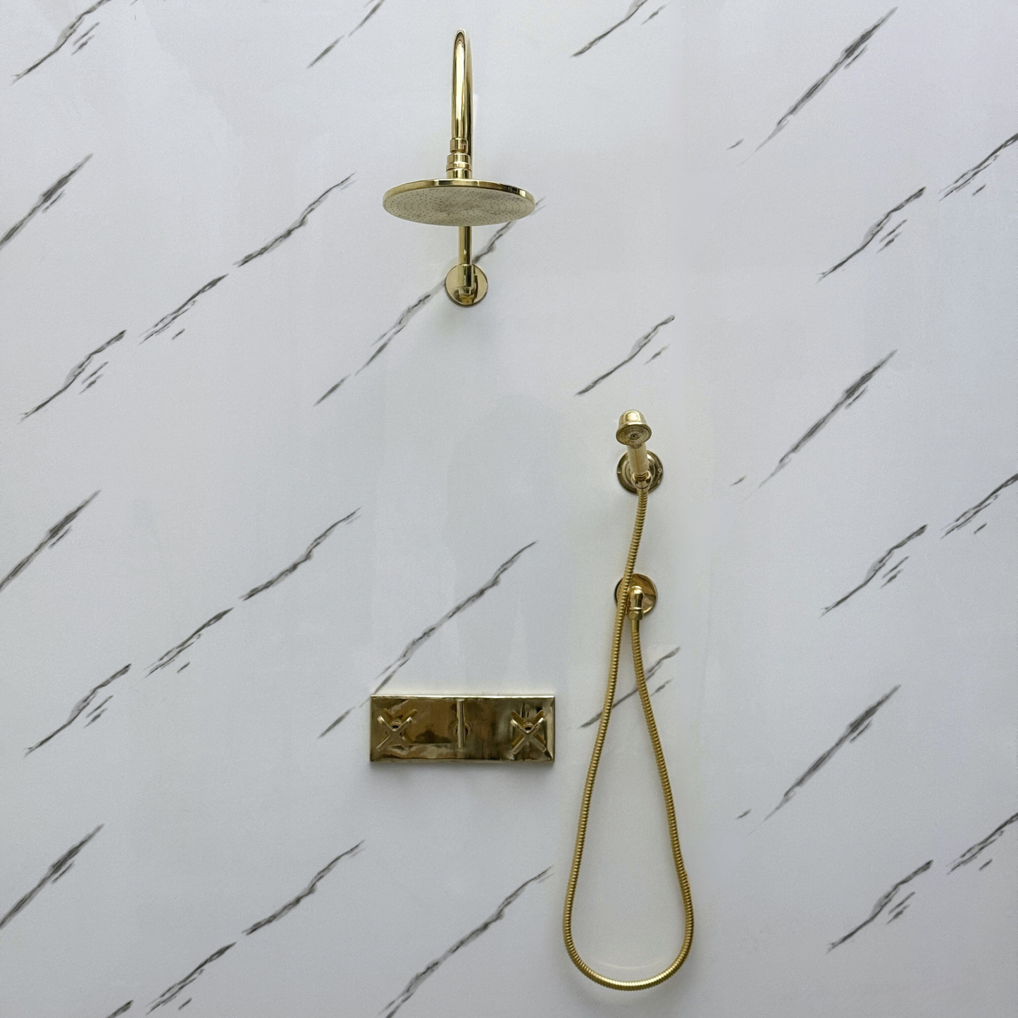 Unlacquered Brass Shower System with Adjustable Flat Round Rain Shower Head, Handheld Shower Head, Central Brass Plaque and Cross Handles
