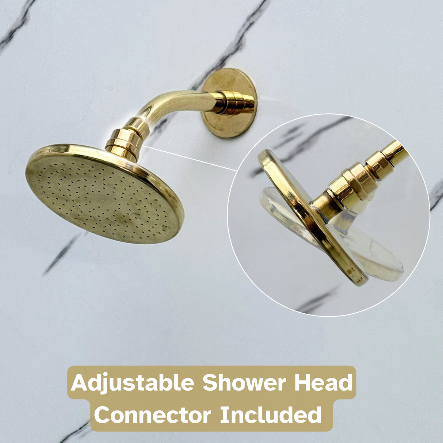 Unlacquered Brass Shower System with Flat Round Rain Adjustable Shower Head, Short Arm and Cross Handles