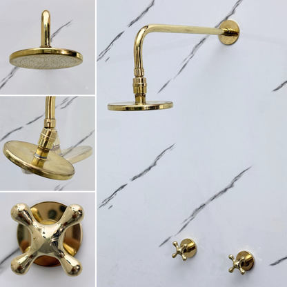 Unlacquered Brass Shower System with Adjustable Flat Round Rain Shower Head, Straight Arm and Cross Handles