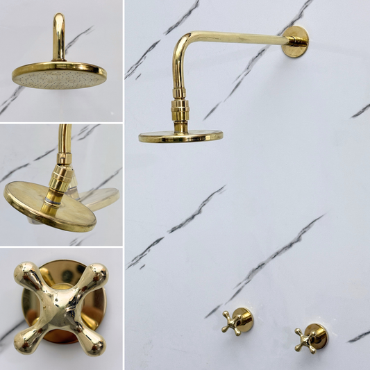 Unlacquered Brass Shower System with Adjustable Flat Round Rain Shower Head, Straight Arm and Cross Handles