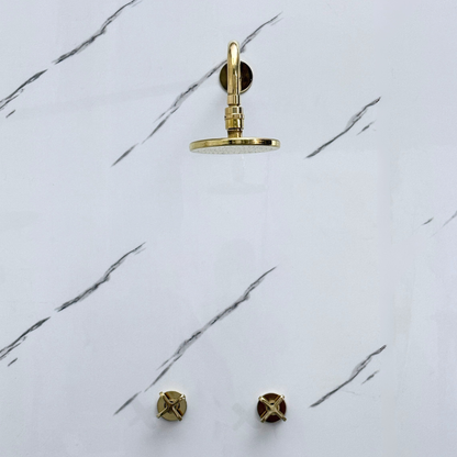 Unlacquered Brass Shower System with Adjustable Flat Round Rain Shower Head, Straight Arm and Cross Handles