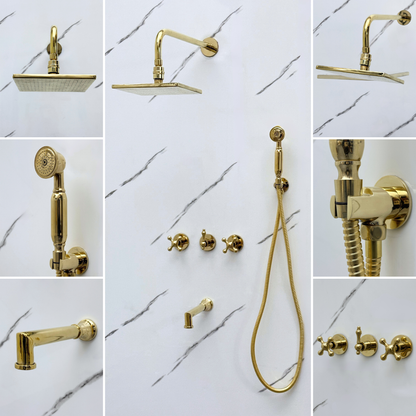 Unlacquered Brass Shower System with Adjustable Flat Square Rain Shower Head, Handheld Shower Head, Tub Filler and Cross Handles