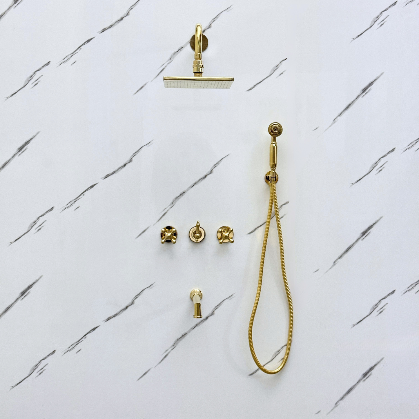 Unlacquered Brass Shower System with Adjustable Flat Square Rain Shower Head, Handheld Shower Head, Tub Filler and Cross Handles