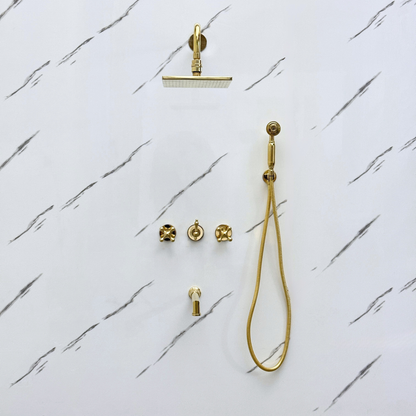 Unlacquered Brass Shower System with Adjustable Flat Square Rain Shower Head, Handheld Shower Head, Tub Filler and Cross Handles