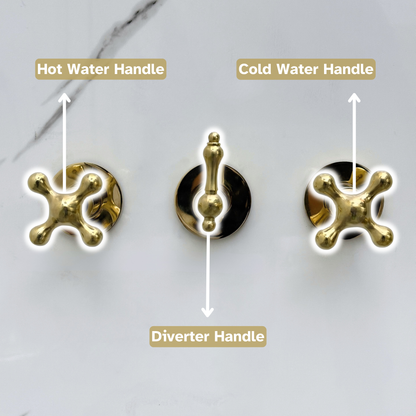 Unlacquered Brass Shower System with Adjustable Flat Square Rain Shower Head, Handheld Shower Head and Cross Handles