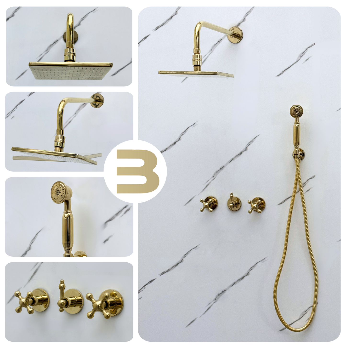 Unlacquered Brass Shower System with Adjustable Flat Square Rain Shower Head, Handheld Shower Head and Cross Handles