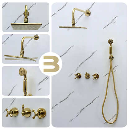 Unlacquered Brass Shower System with Adjustable Flat Square Rain Shower Head, Handheld Shower Head and Cross Handles