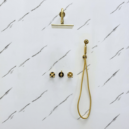 Unlacquered Brass Shower System with Adjustable Flat Square Rain Shower Head, Handheld Shower Head and Cross Handles