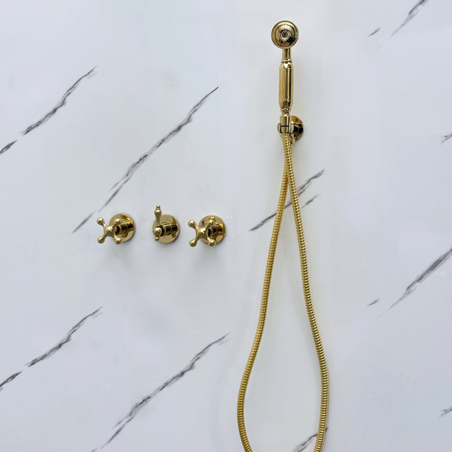 Unlacquered Brass Shower System with Adjustable Flat Square Rain Shower Head, Handheld Shower Head and Cross Handles