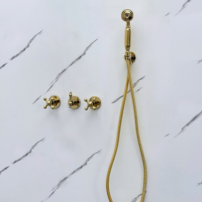 Unlacquered Brass Shower System with Adjustable Flat Square Rain Shower Head, Handheld Shower Head and Cross Handles