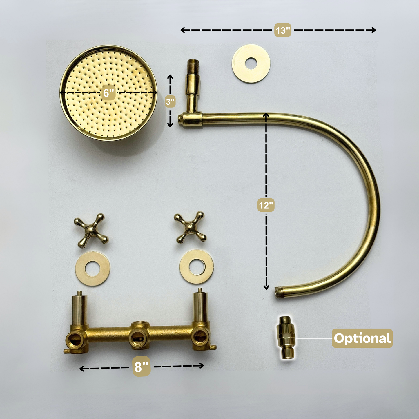Unlacquered Brass Shower System with Adjustable Round Rain Shower Head, Cross Handles and Arcuate Arm