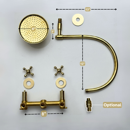 Unlacquered Brass Shower System with Adjustable Round Rain Shower Head, Cross Handles and Arcuate Arm