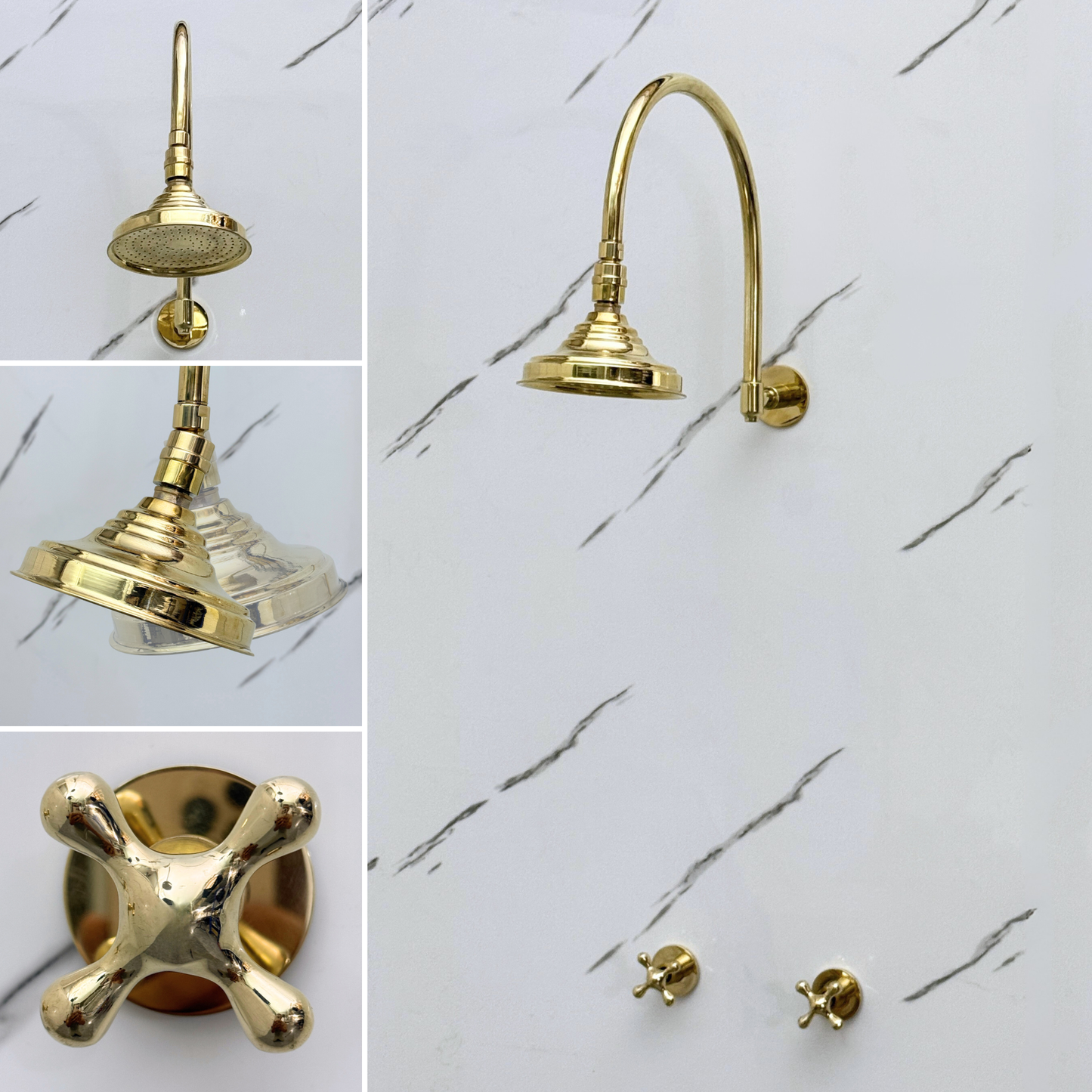 Unlacquered Brass Shower System with Adjustable Round Rain Shower Head, Cross Handles and Arcuate Arm