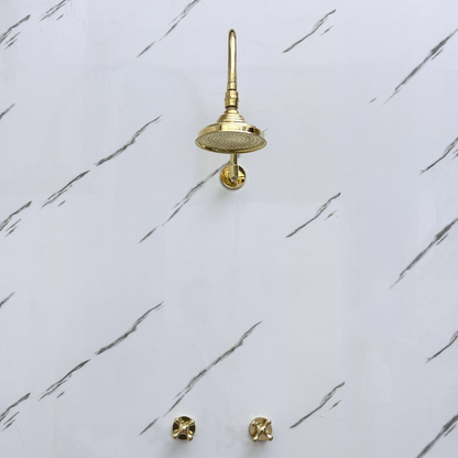 Unlacquered Brass Shower System with Adjustable Round Rain Shower Head, Cross Handles and Arcuate Arm