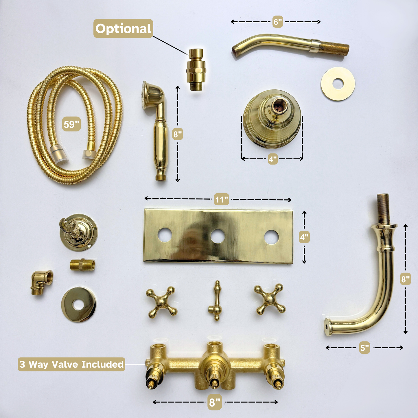 Unlacquered Brass Shower System with Adjustable Round Rain Shower Head, Handheld Shower Head, Central Brass Plaque, Tub Filler and Cross Handles