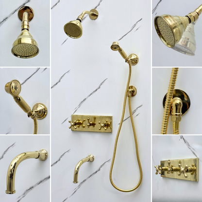 Unlacquered Brass Shower System with Adjustable Round Rain Shower Head, Handheld Shower Head, Central Brass Plaque, Tub Filler and Cross Handles