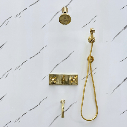 Unlacquered Brass Shower System with Adjustable Round Rain Shower Head, Handheld Shower Head, Central Brass Plaque, Tub Filler and Cross Handles