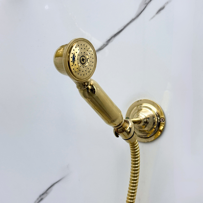 Unlacquered Brass Shower System with Adjustable Round Rain Shower Head, Handheld Shower Head, Central Brass Plaque, Tub Filler and Cross Handles